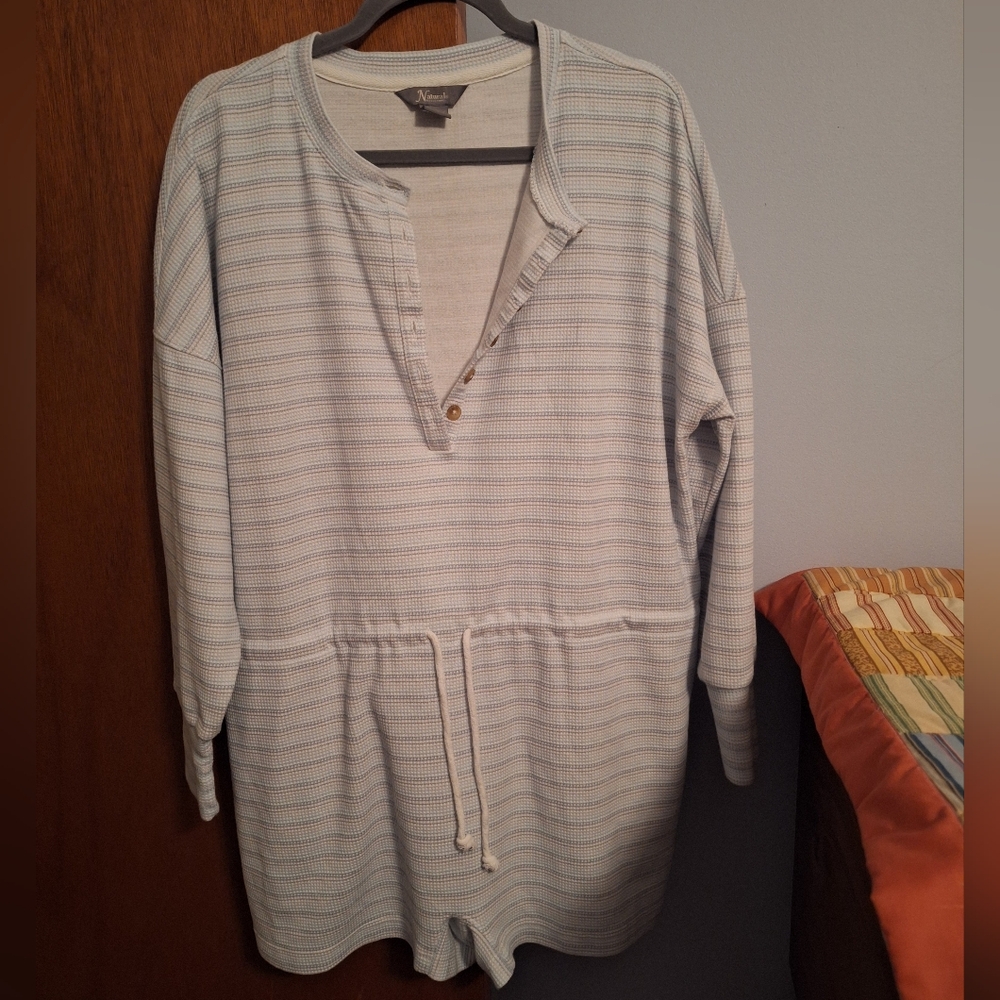 Natural Reflections Women's Striped Henley Romper with Drawstring Waist Size L